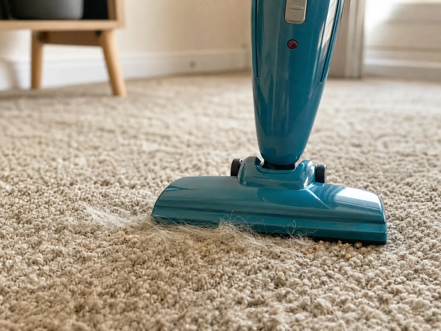 Close-up of a blue vacuum head resting on thick beige carpet with pet hair and crumbs still visible down in the fibers