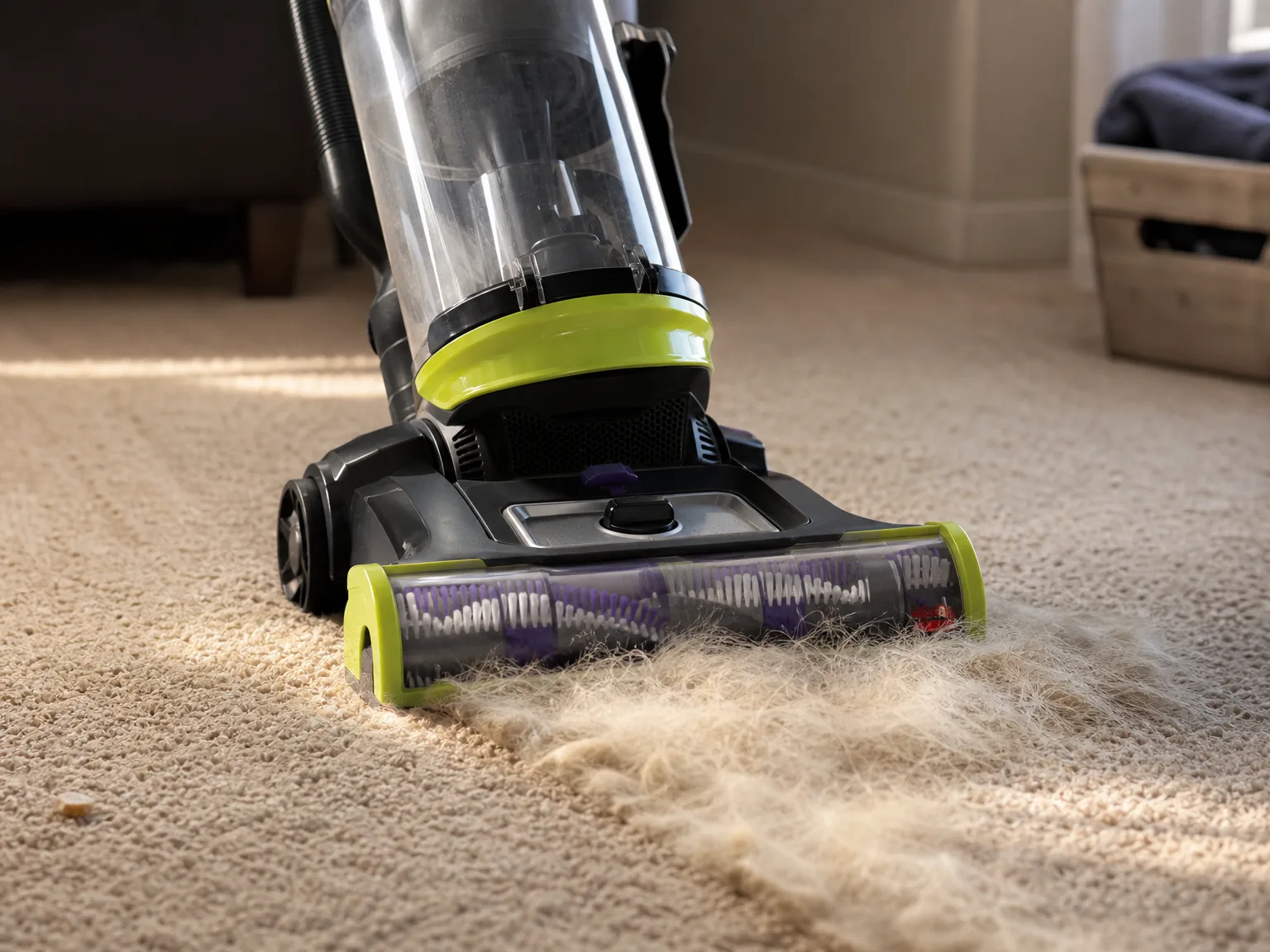 Close-up of an upright vacuum head lifting a dense line of pale pet hair out of matted beige carpet