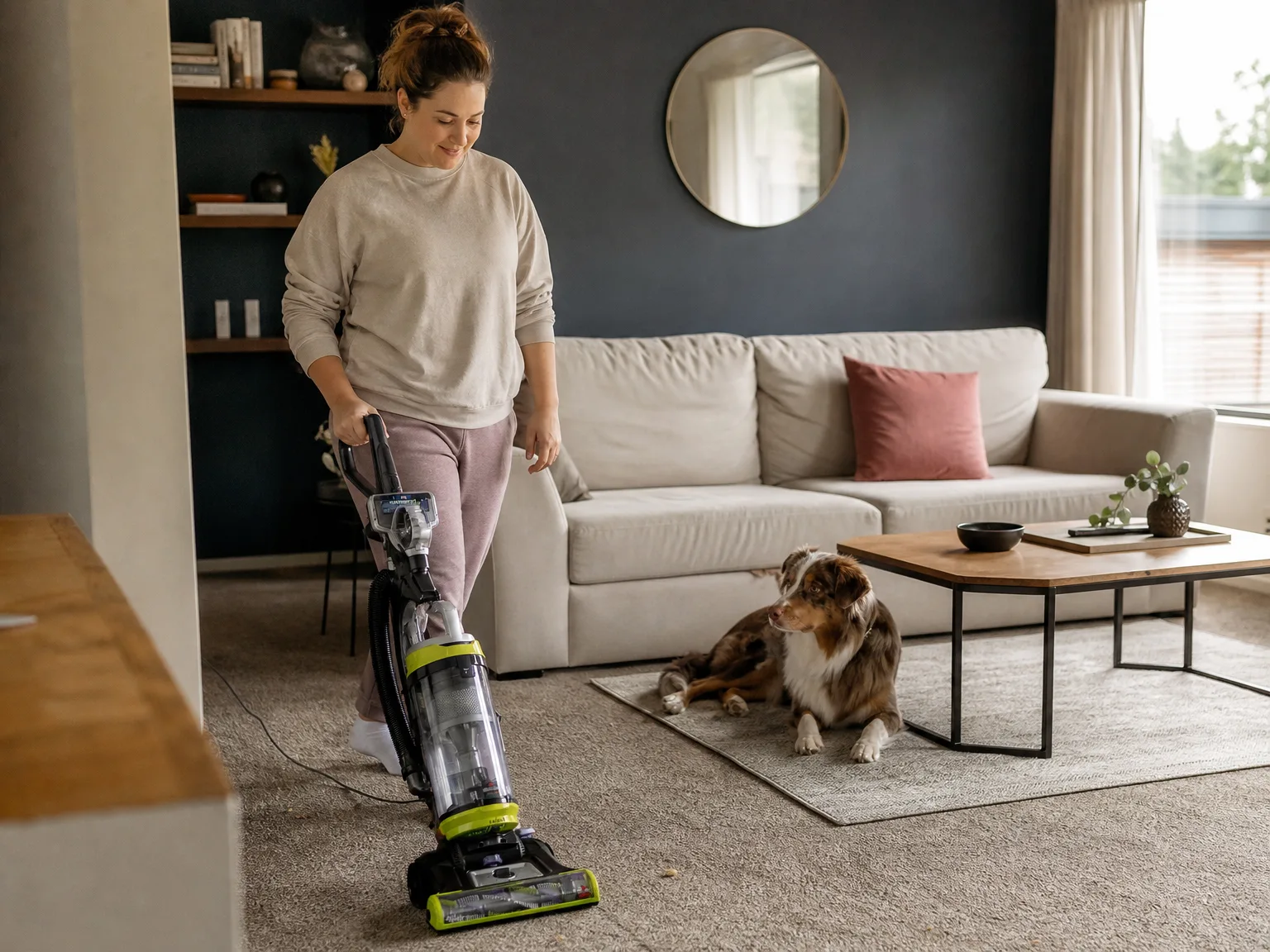 Woman in her early thirties pushing an upright vacuum across carpet in a sunlit living room with a dog resting on a rug nearby