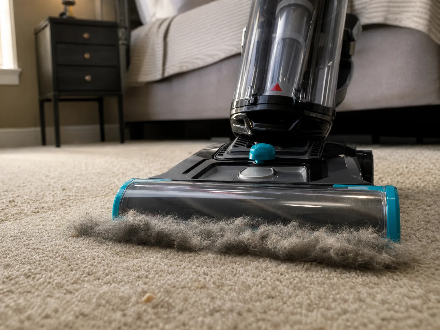Close-up of an upright vacuum brush head lifting a thick line of gray pet hair out of beige bedroom carpet