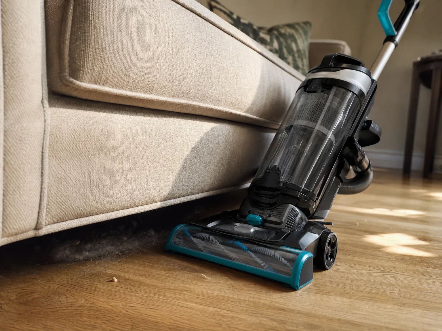 An upright vacuum floor head stopped at the edge of a low sofa with a visible line of dust and pet hair in the shadow underneath