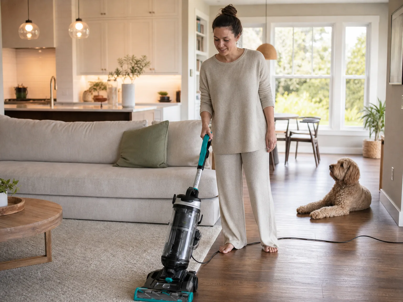 Woman in her early thirties pushing a corded upright vacuum across an open-plan living room rug in warm morning light while a dog watches from the hardwood