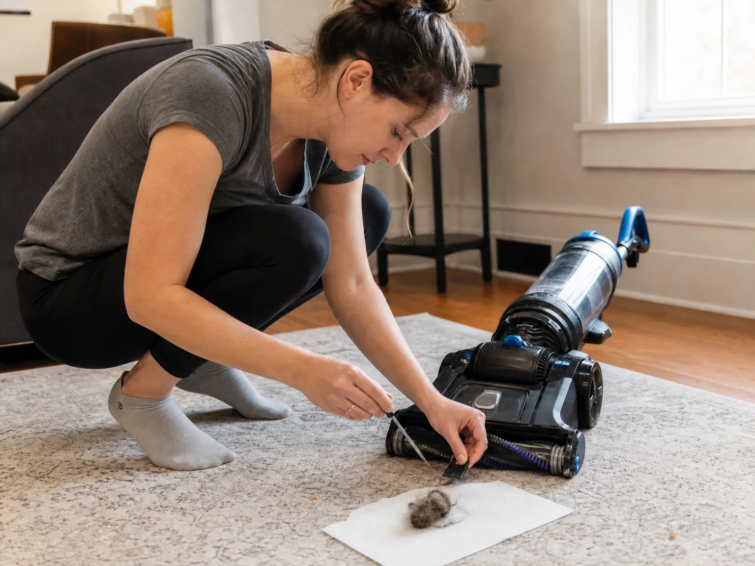 A woman crouching beside an upright vacuum on a rug, using a screwdriver to open the brush roll cover and clear wrapped pet hair