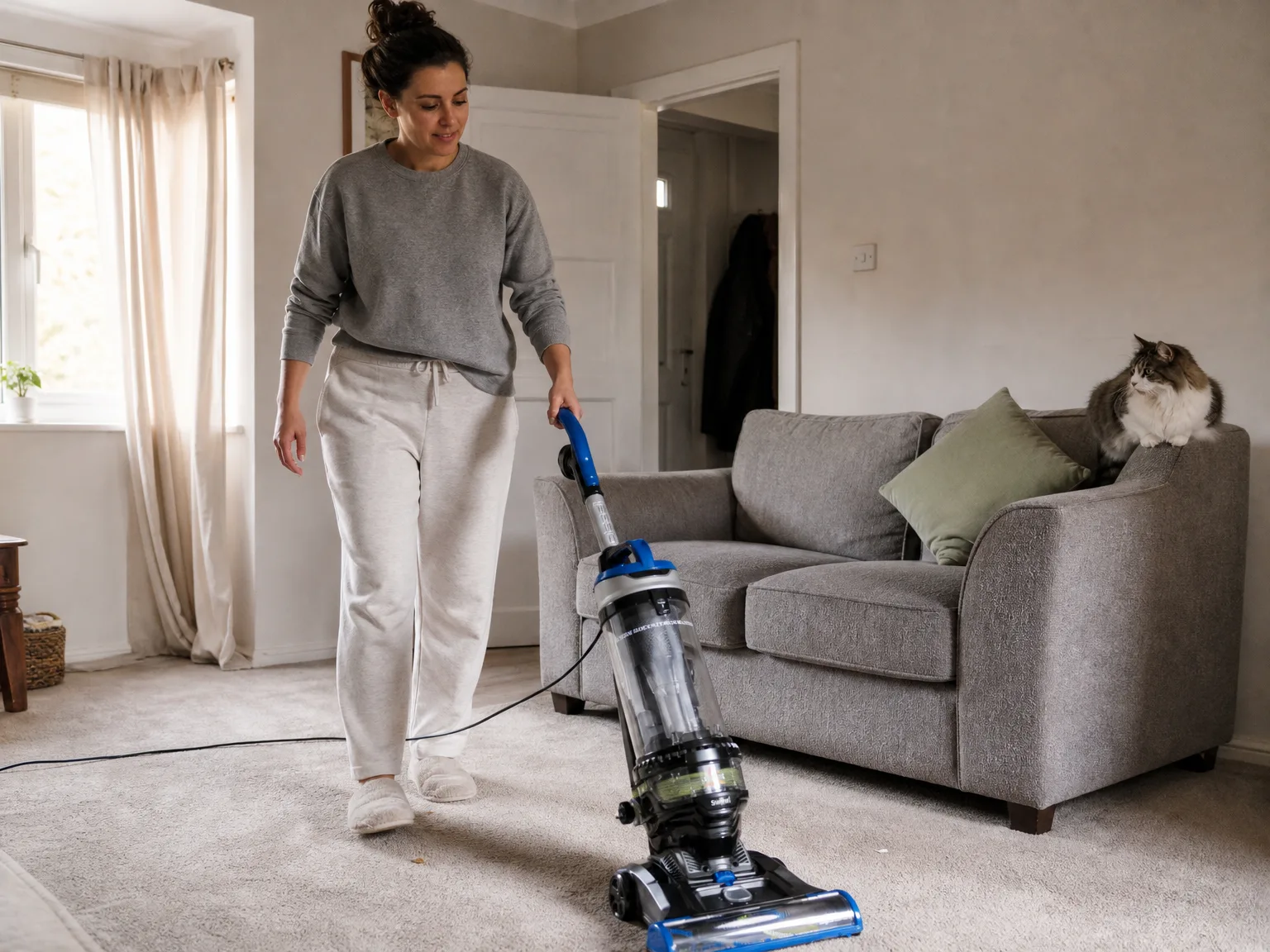 Woman in her early thirties pushing a corded upright vacuum across a sunlit living room carpet while a cat watches from the sofa arm