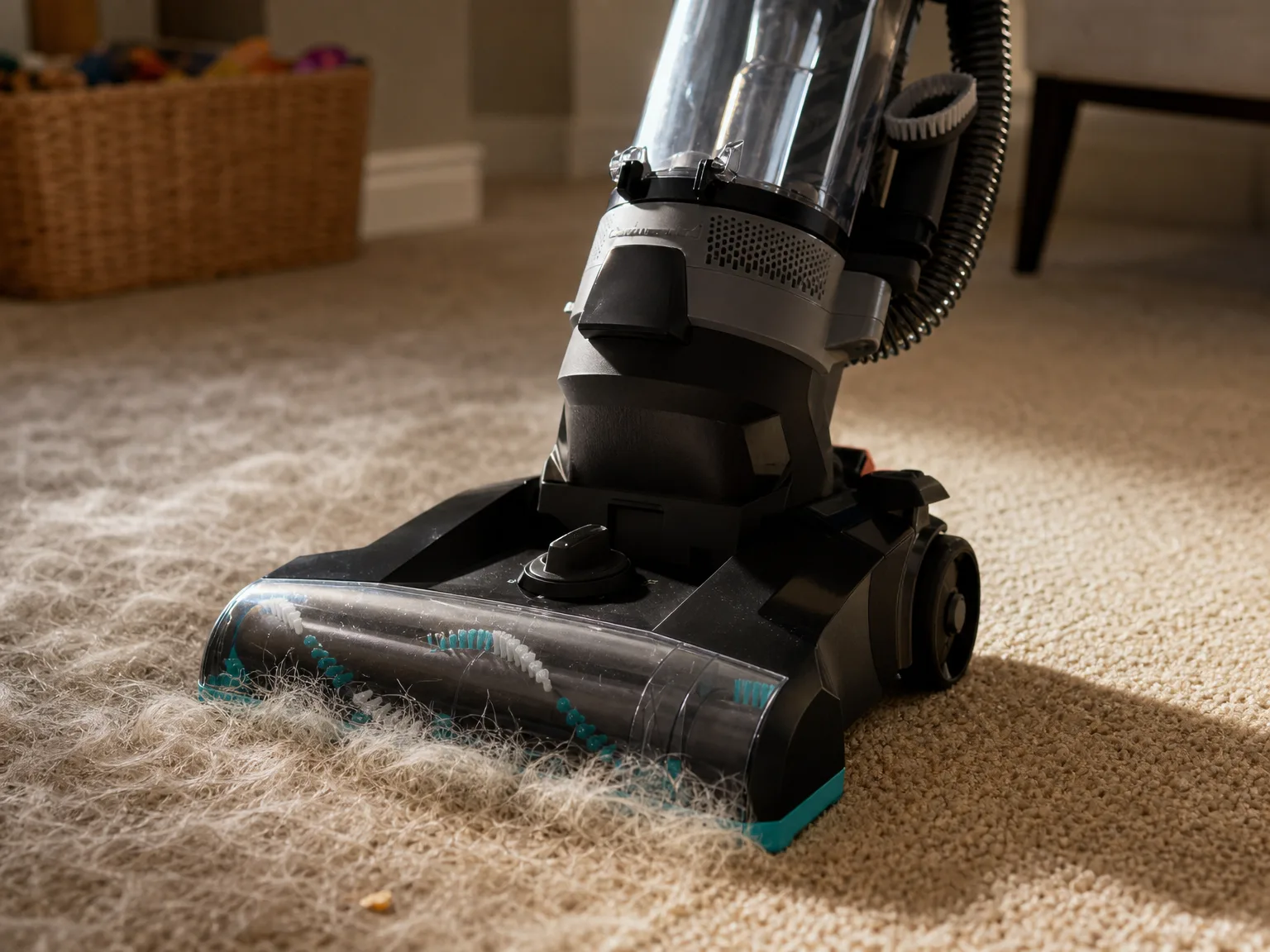 Close-up of an upright vacuum cleaner head lifting a thick line of pale pet hair out of beige carpet pile