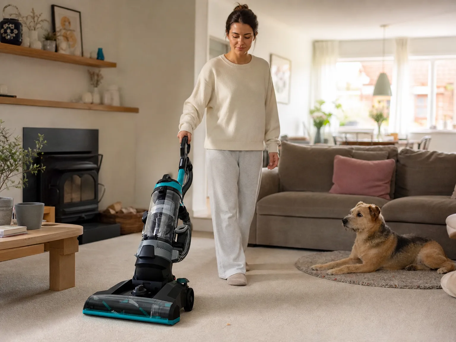 Woman in her early thirties pushing a teal upright vacuum across carpet in a sunlit open living room with a dog watching from a rug