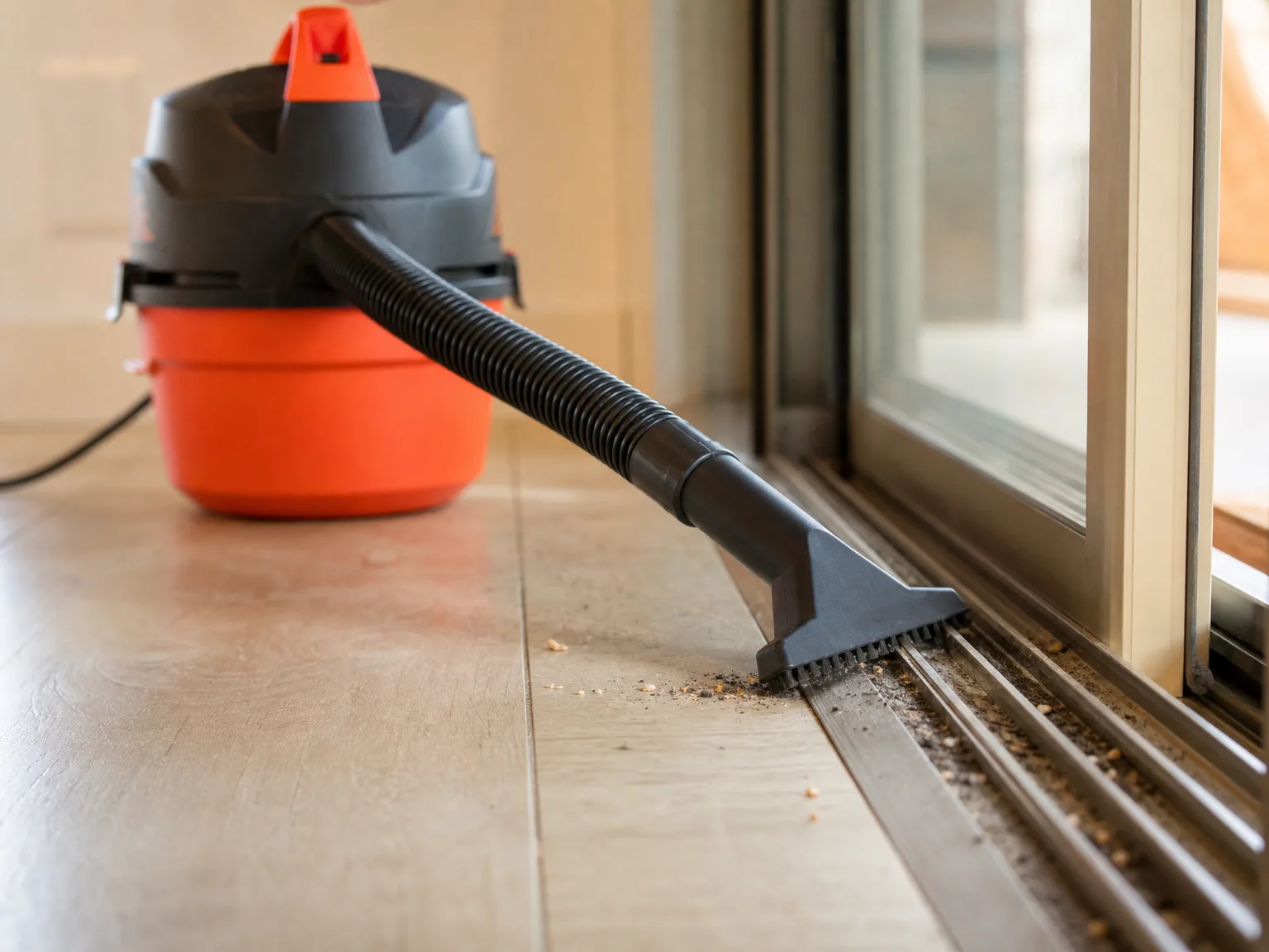 Close-up of a small wet/dry shop vacuum nozzle pulling black grit out of a sliding window track