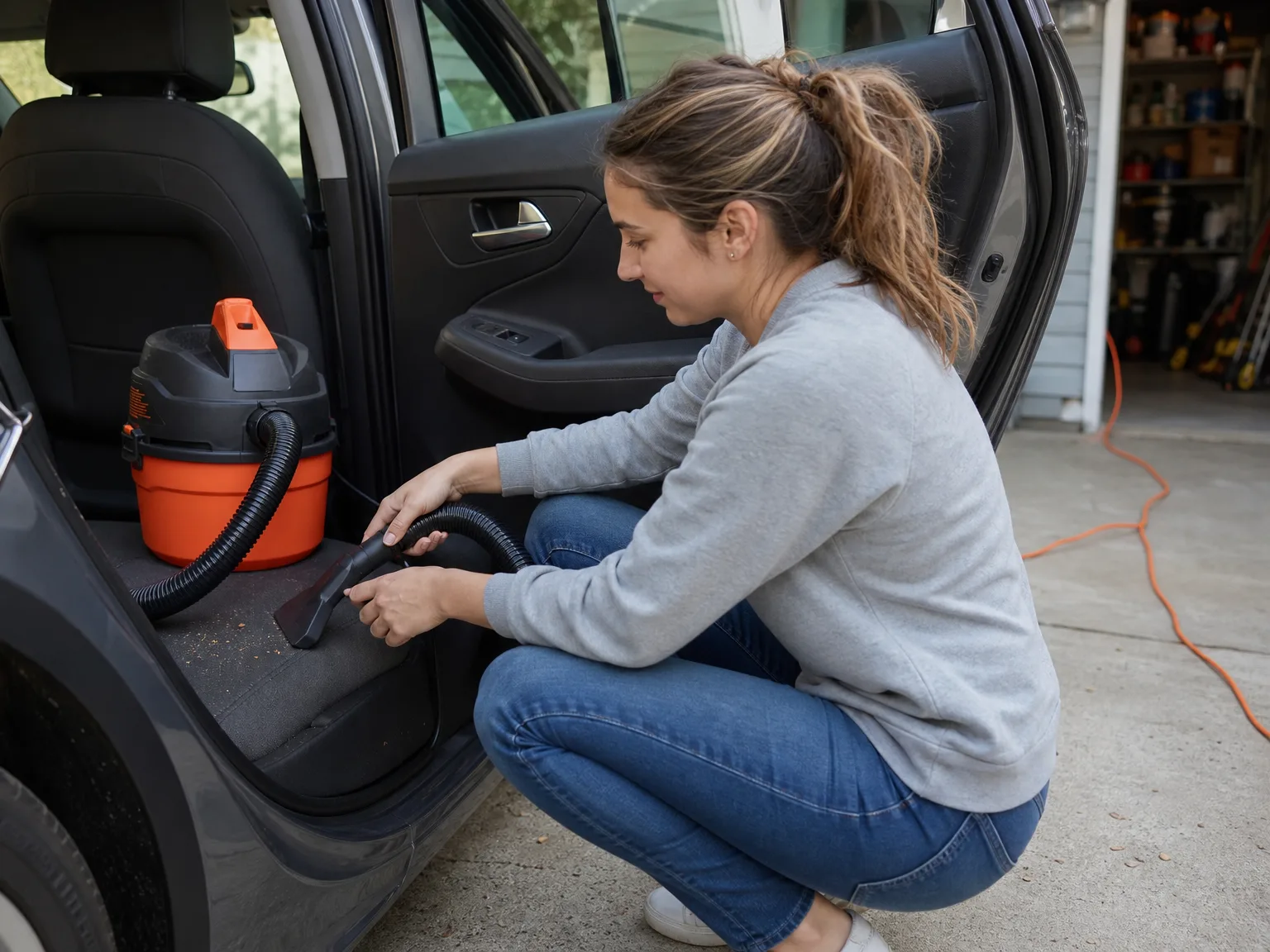 Woman in her early thirties crouching beside an open car door on a driveway, vacuuming crumbs from a back seat with a small wet/dry shop vacuum