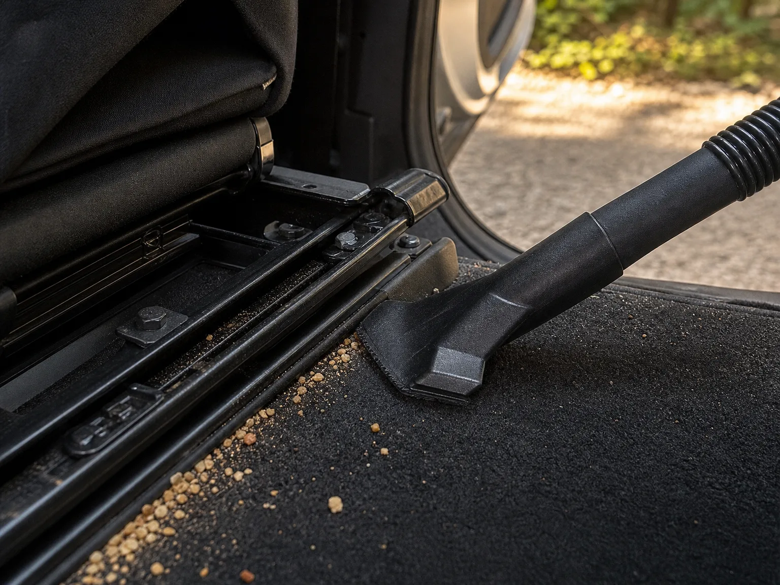 Close-up of a shop vacuum crevice tool pulling sand and grit out of the seat rails on a car floor
