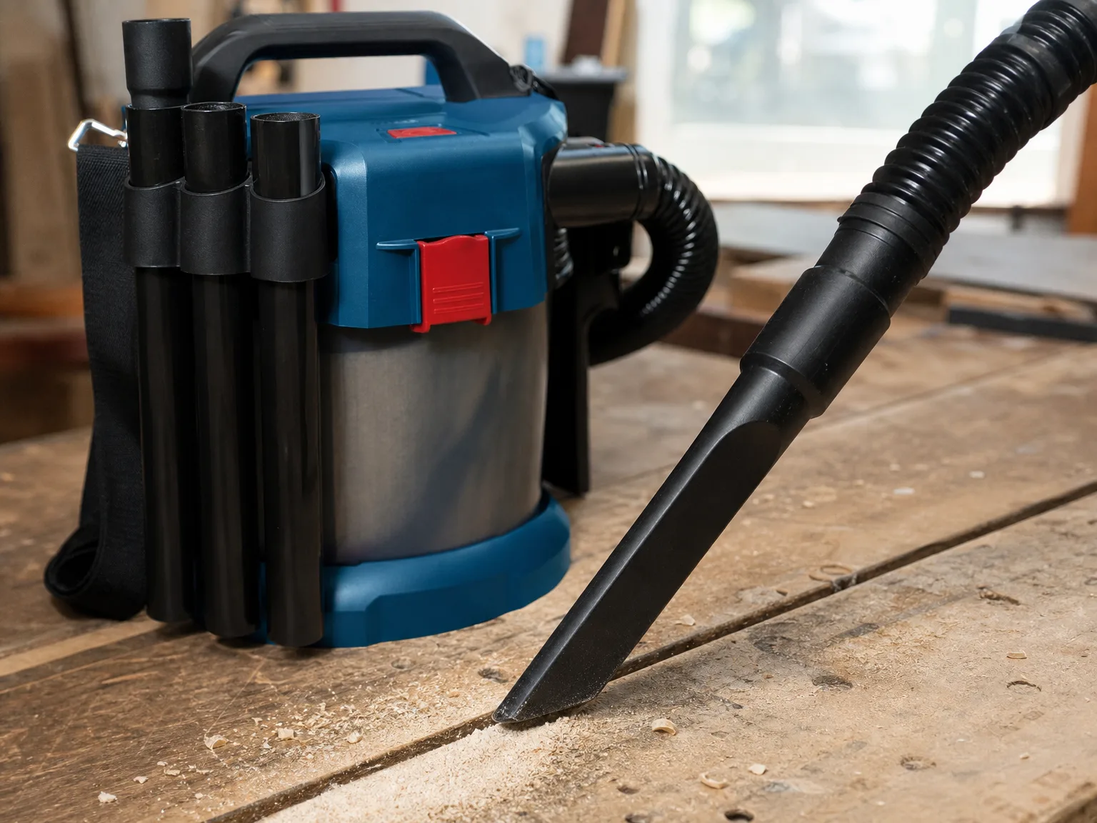 Close-up of a cordless wet/dry vacuum crevice nozzle lifting fine pale sawdust from the seam of a wooden workbench