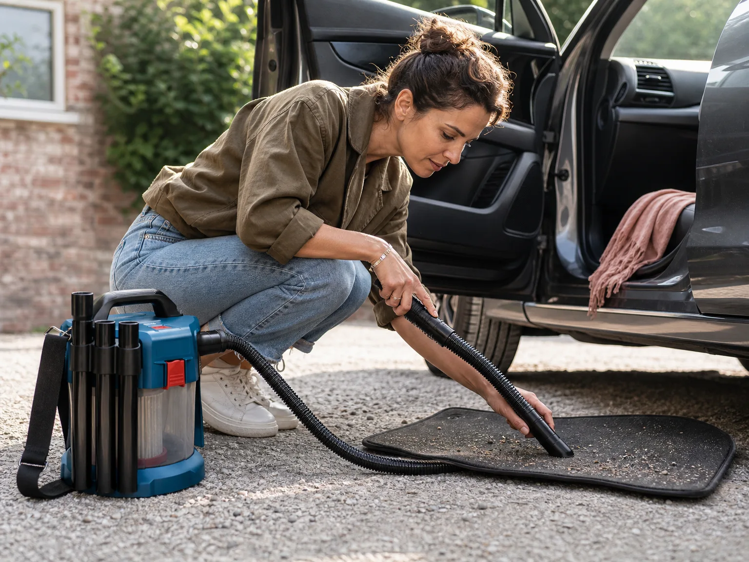 Woman in casual clothes crouching beside a compact cordless wet/dry vacuum while cleaning gravel from a car floor mat in a sunlit driveway