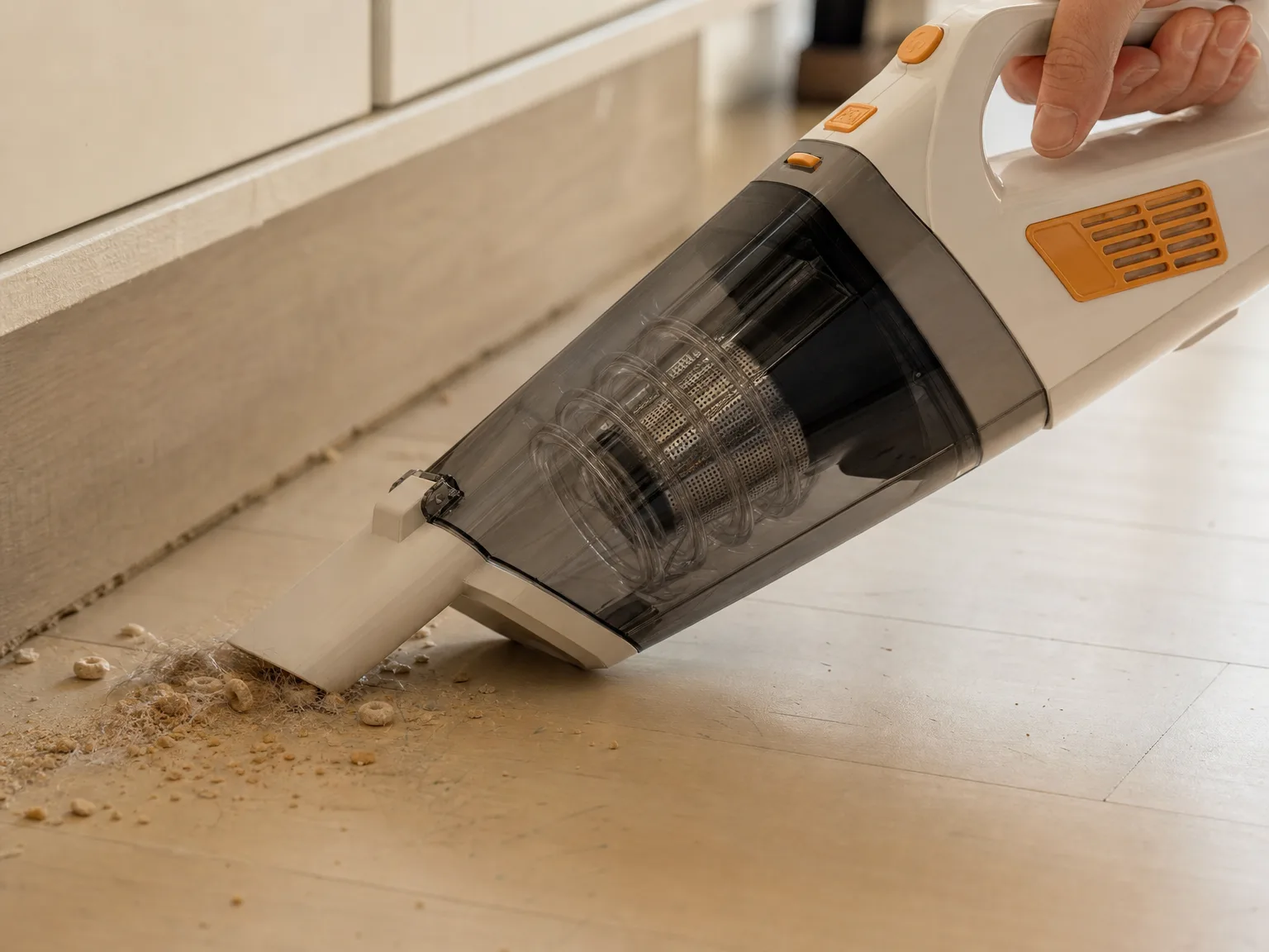 Close-up of a cordless handheld vacuum nozzle lifting cereal crumbs and pet hair from a pale wood floor, warm window light