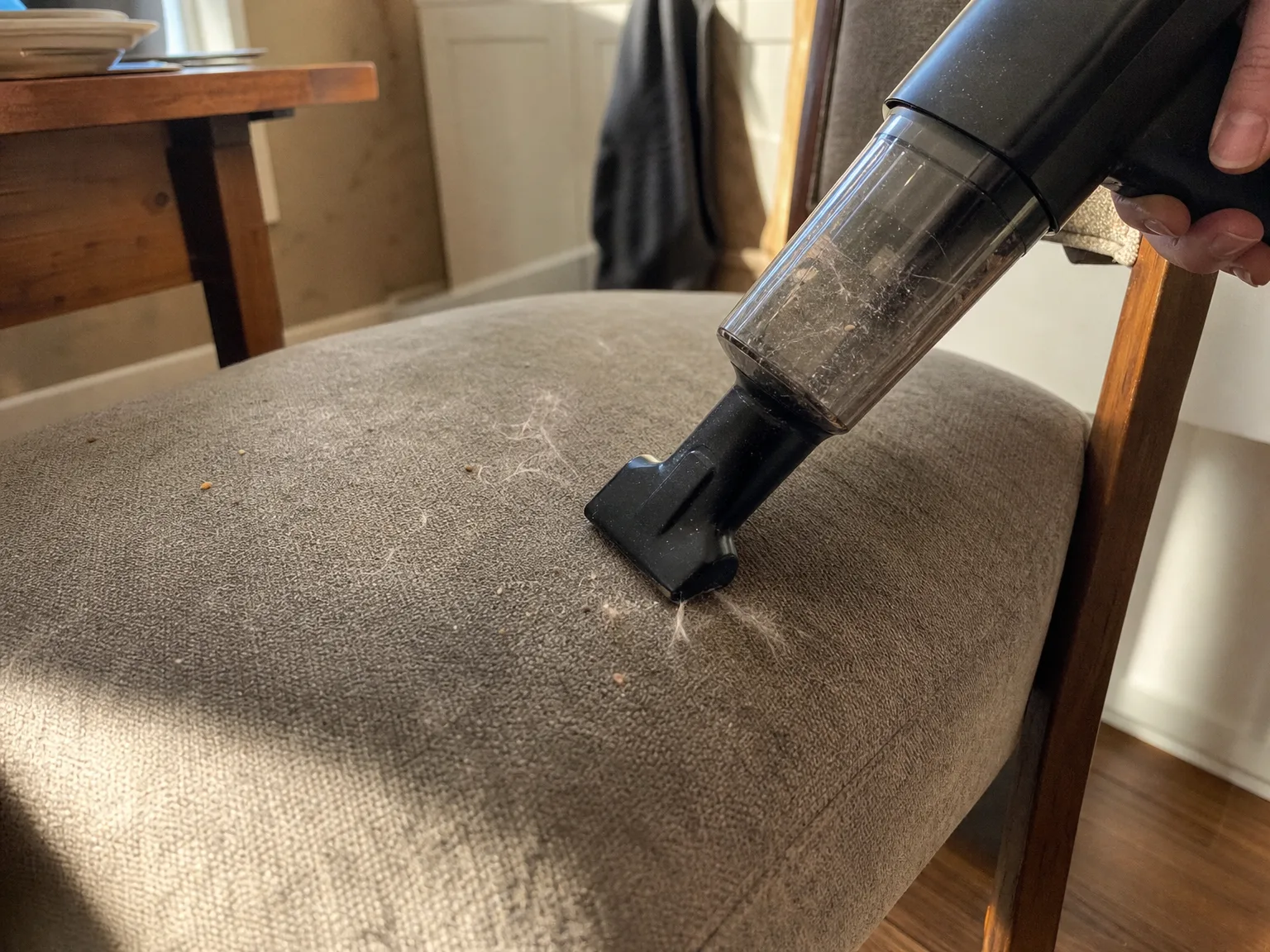 Close-up of a compact cordless handheld vacuum nozzle lifting crumbs and pet hair from a kitchen chair seat near a sunlit counter
