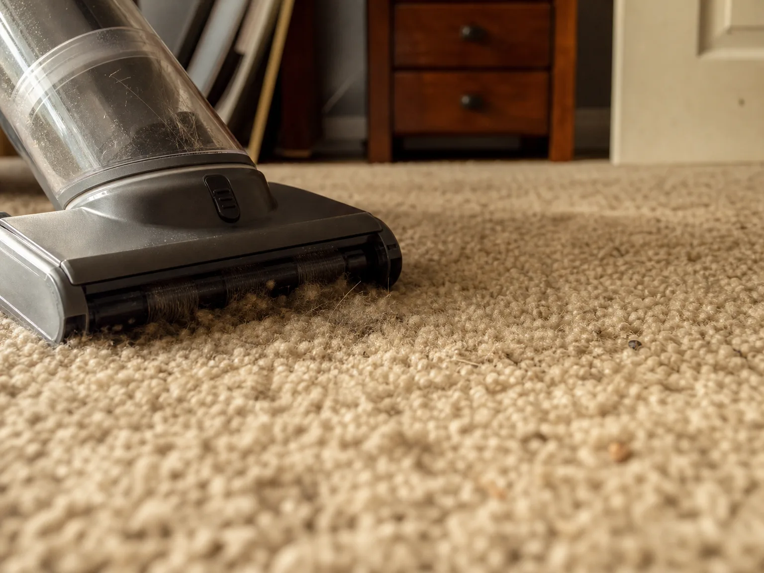 Close-up of a compact handheld vacuum brush nozzle pressed into a medium-pile rug with pet hair still worked into the fibers