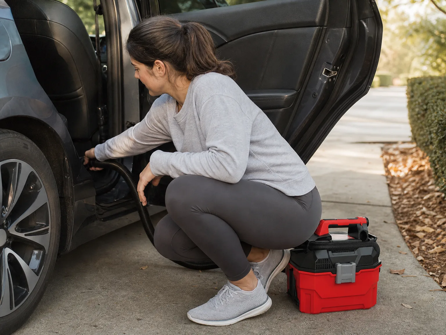 Woman in casual weekend clothes crouching beside an open car door in a driveway, using a small cordless wet/dry vac on the footwell
