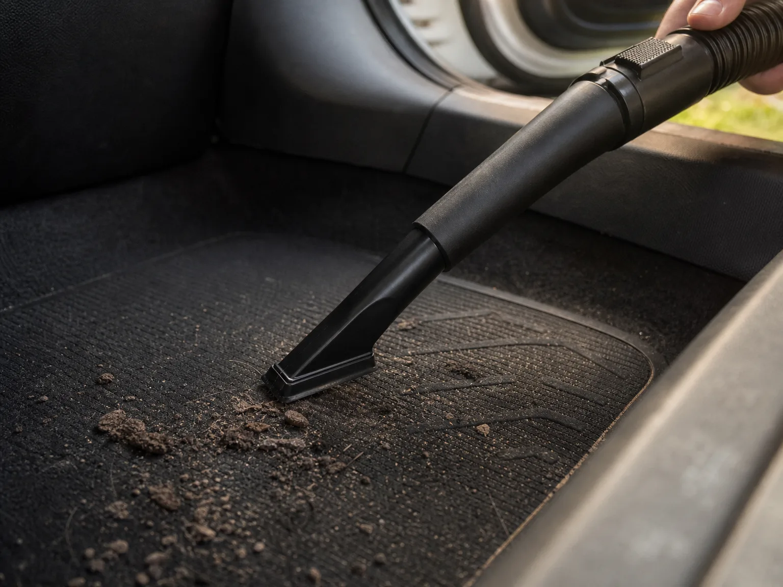 Close-up of a shop vacuum car nozzle lifting dog hair and grit from the textured floor mat of a car footwell