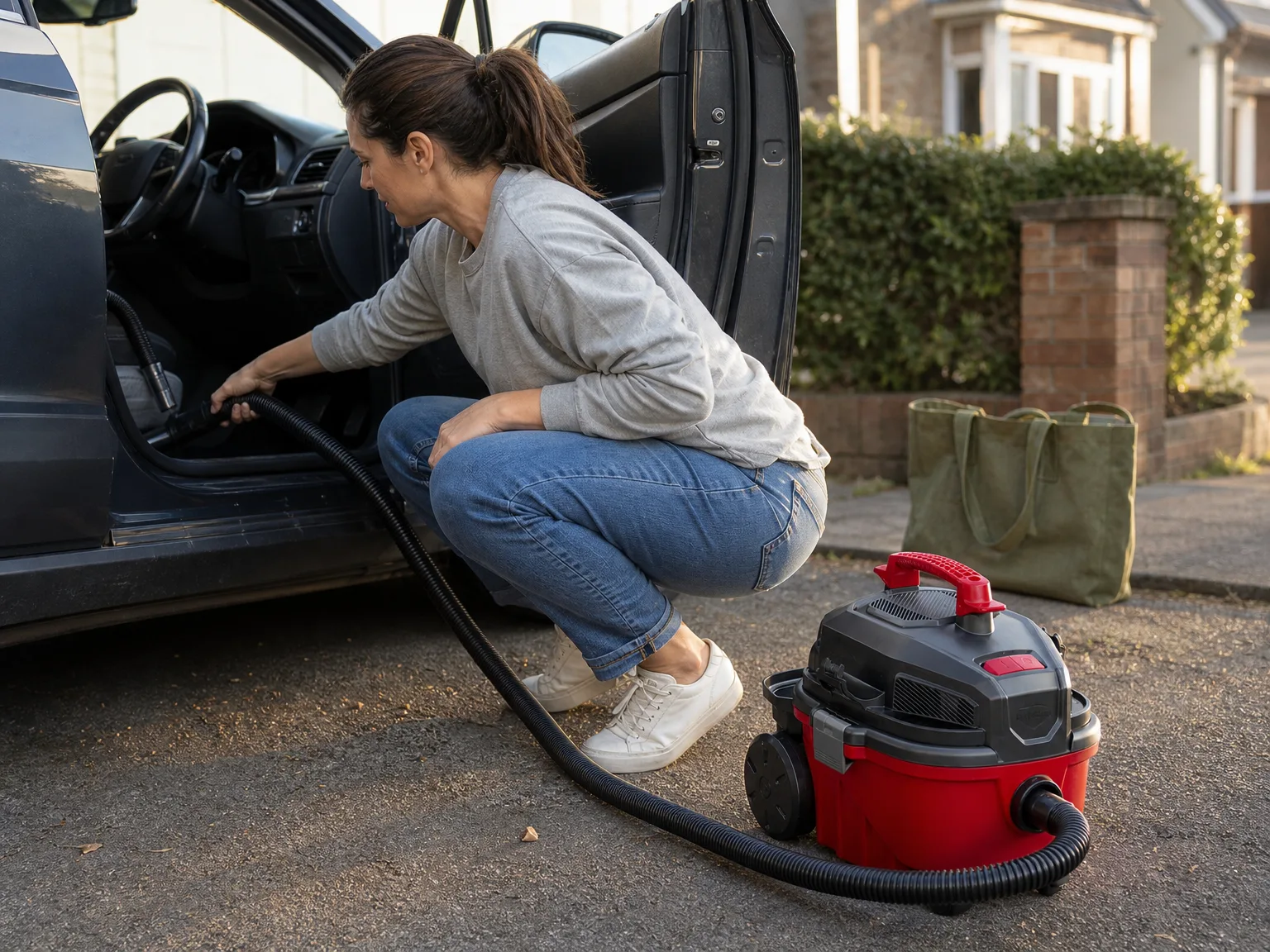 Woman in casual clothes crouching beside an open car door while vacuuming the driver footwell with a compact wet dry shop vacuum