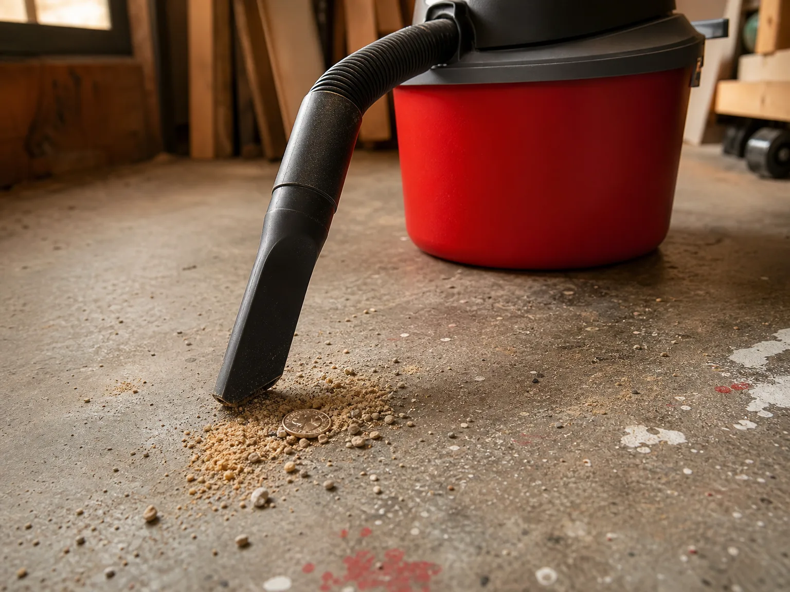 Close-up of a small shop vacuum hose lifting gravel and grit from a scuffed concrete workshop floor