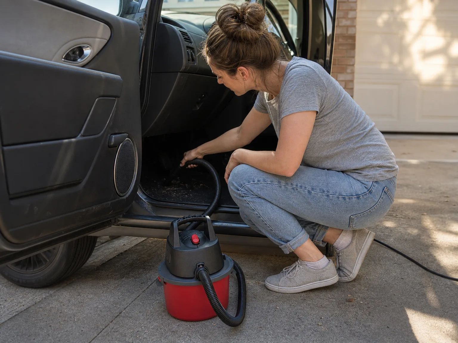 Woman in her thirties crouching beside an open car door in a driveway, vacuuming crumbs from the footwell with a small wet dry shop vacuum