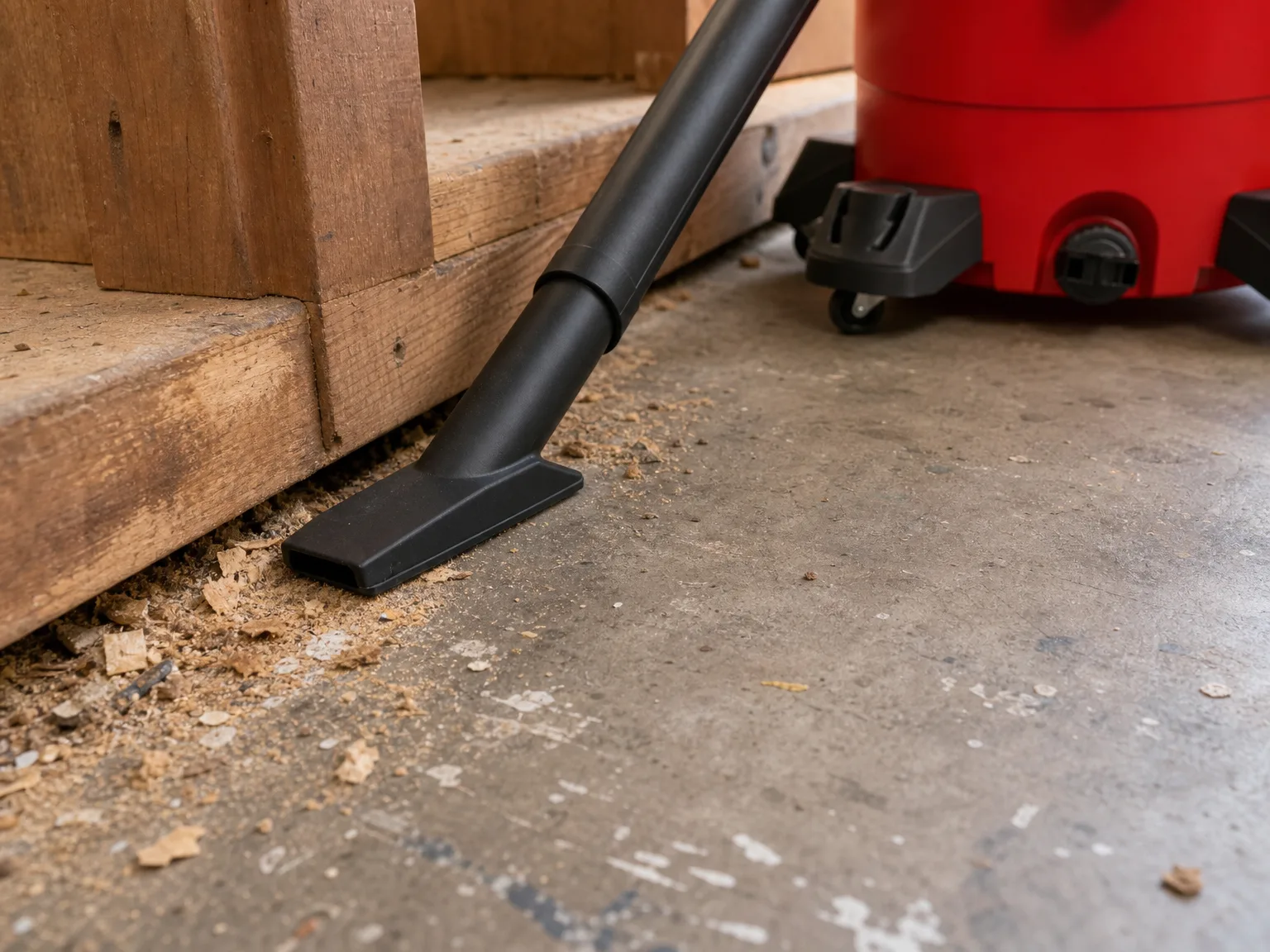 Close-up of a shop vacuum crevice nozzle pulling sawdust and wood chips from the base of a workbench on a concrete floor
