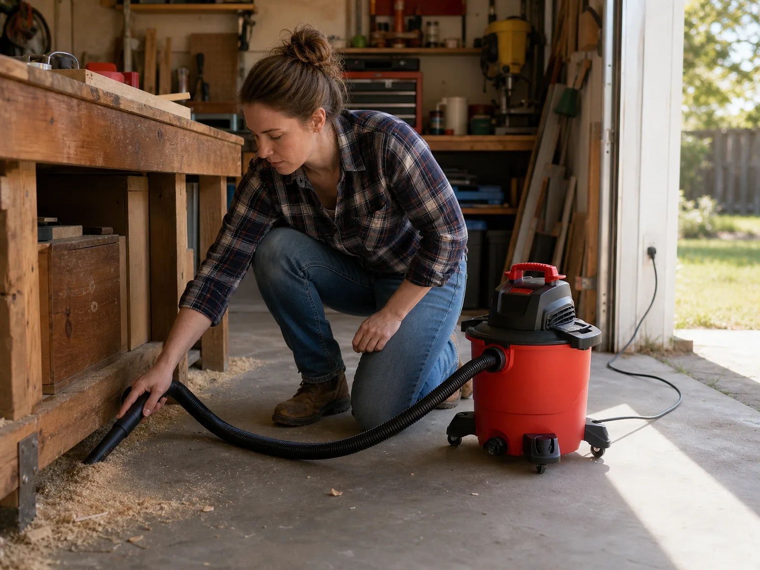 Woman in her thirties in a sunlit home garage guiding a shop vacuum hose along the base of a workbench covered in sawdust