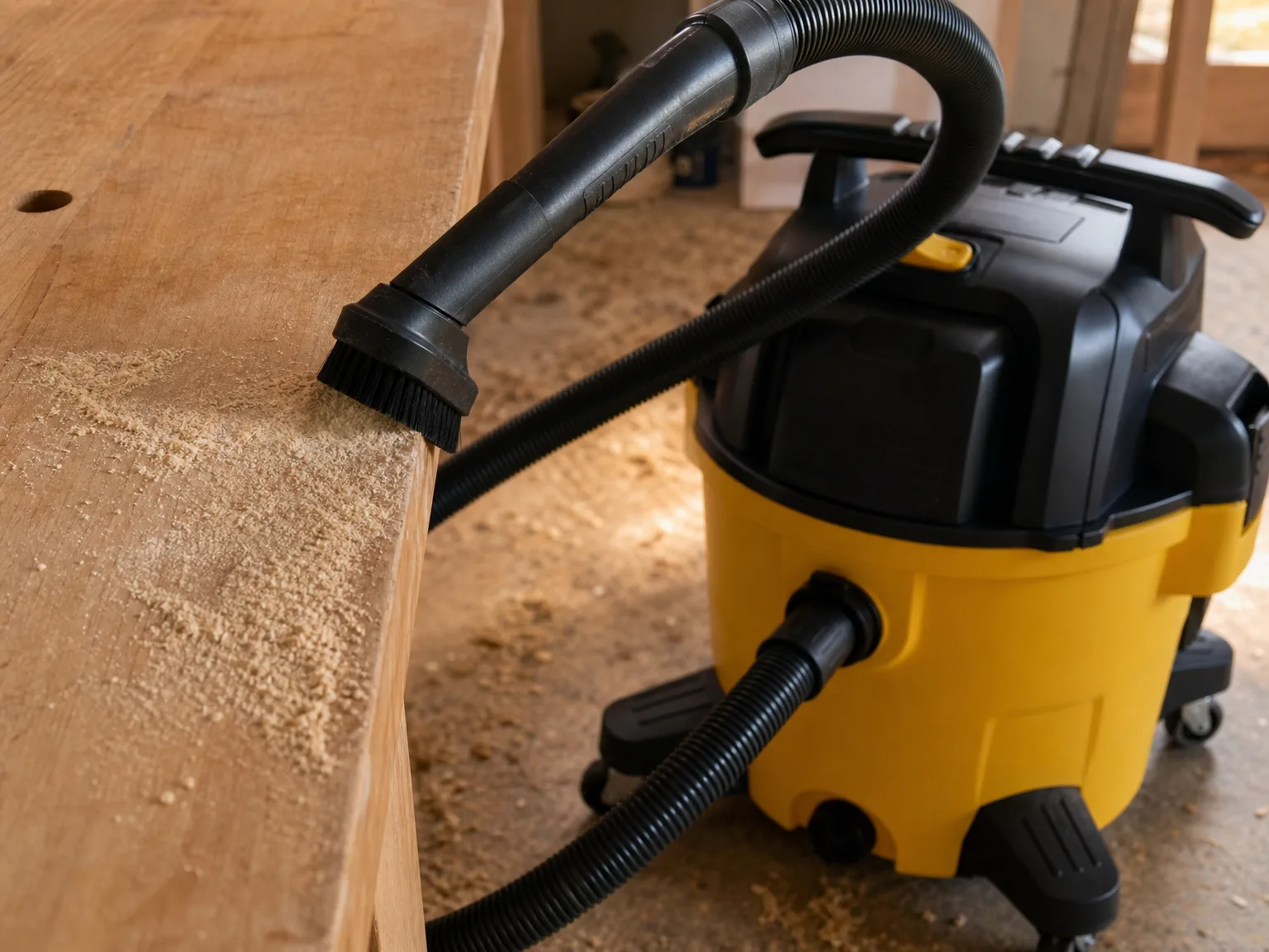 Close-up of a shop vacuum nozzle pulling fine pale sawdust off a wooden workbench in warm daylight