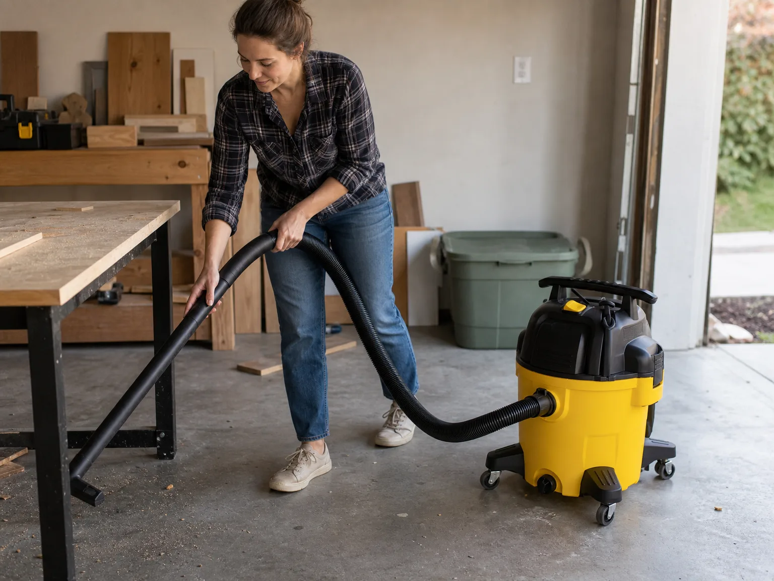 Woman in casual clothes guiding a wet-dry shop vacuum hose across a concrete garage floor beside a workbench in afternoon light