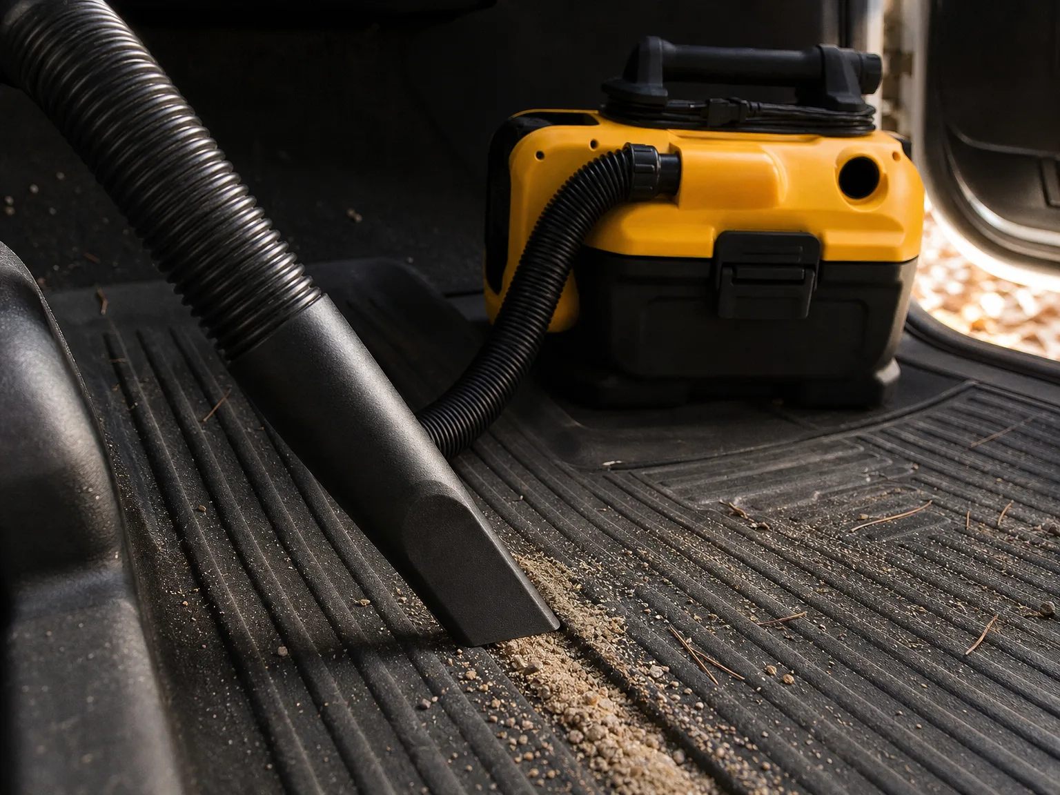 Close-up of a cordless shop vac nozzle lifting sand and grit out of a rubber car floor mat in warm afternoon light