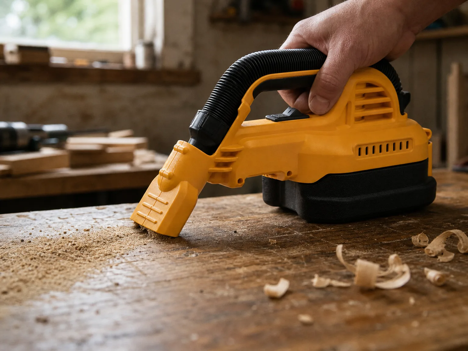 Close-up of a cordless handheld wet dry vacuum nozzle pulling fine sawdust off a wooden workbench in warm side light
