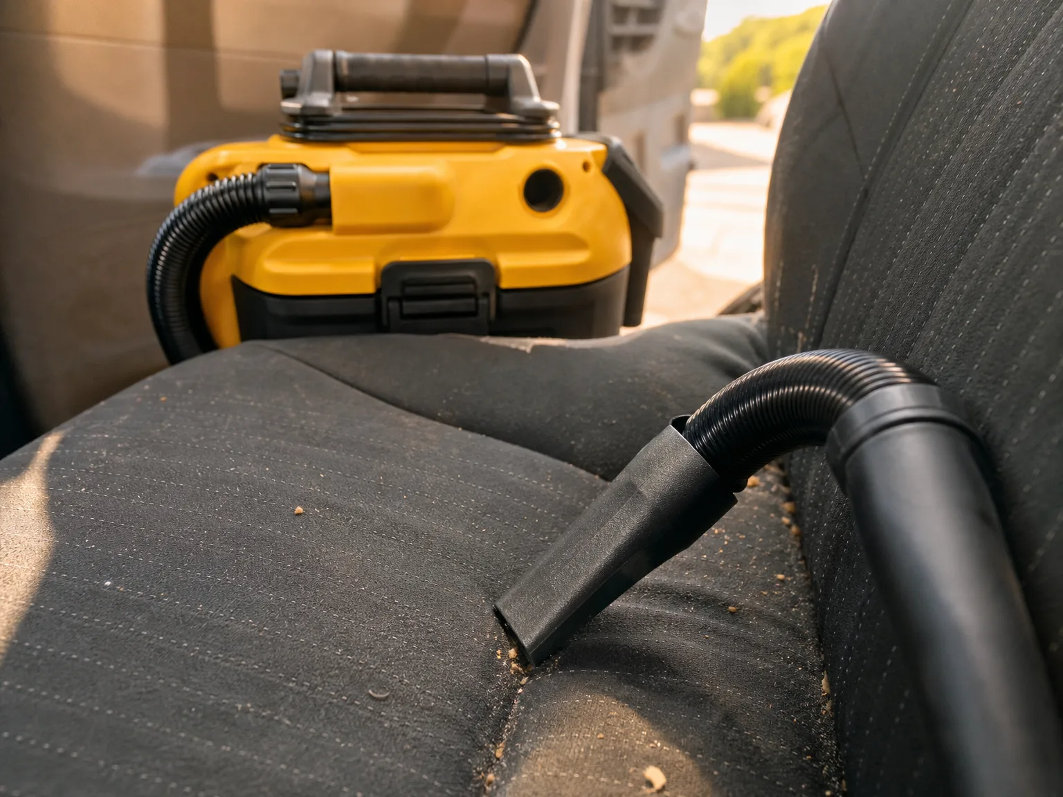 Close-up of a small wet dry vacuum nozzle pulling cracker crumbs and grit out of the seam of a car seat in warm afternoon light