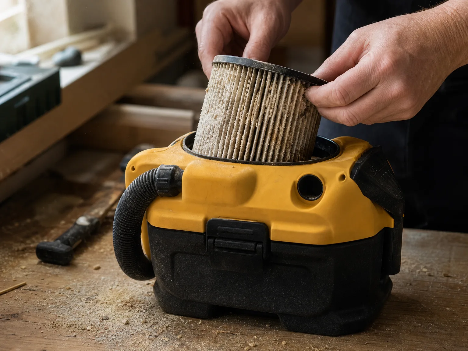 Hands lifting a dust-caked pleated HEPA filter cartridge out of a small wet dry vacuum canister on a workbench