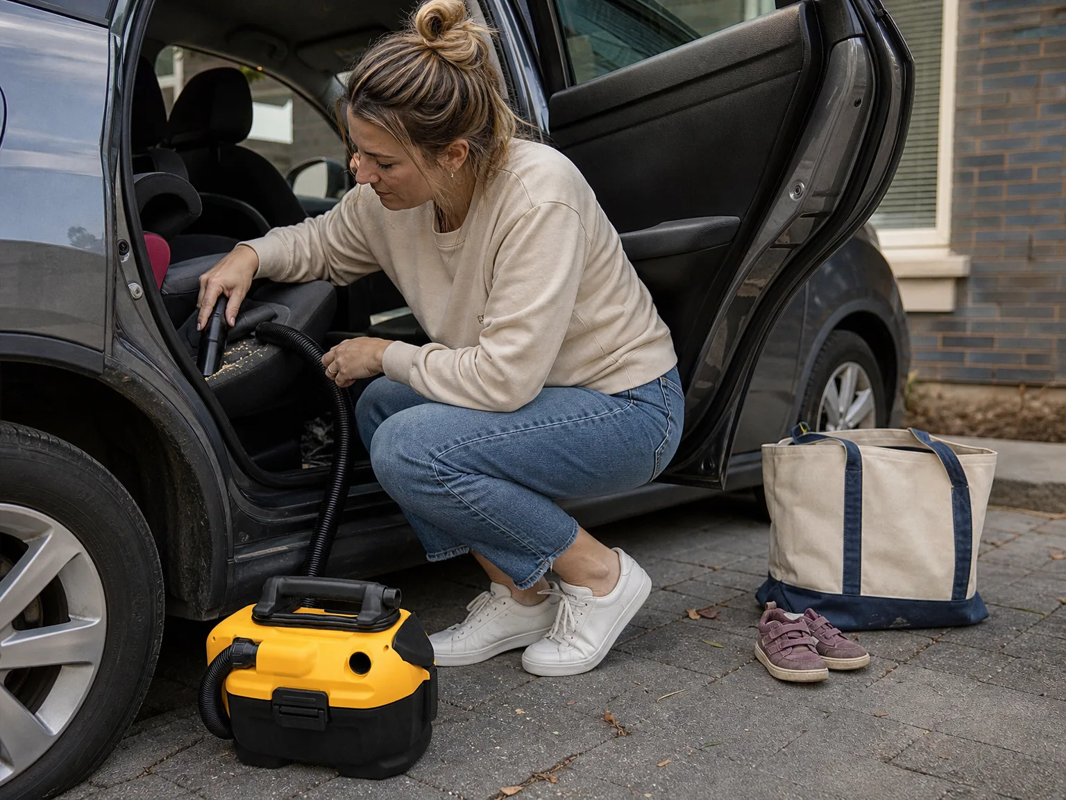 Woman in her early thirties crouching beside an open car door in a driveway, vacuuming crumbs from a child seat with a small cordless wet dry vacuum