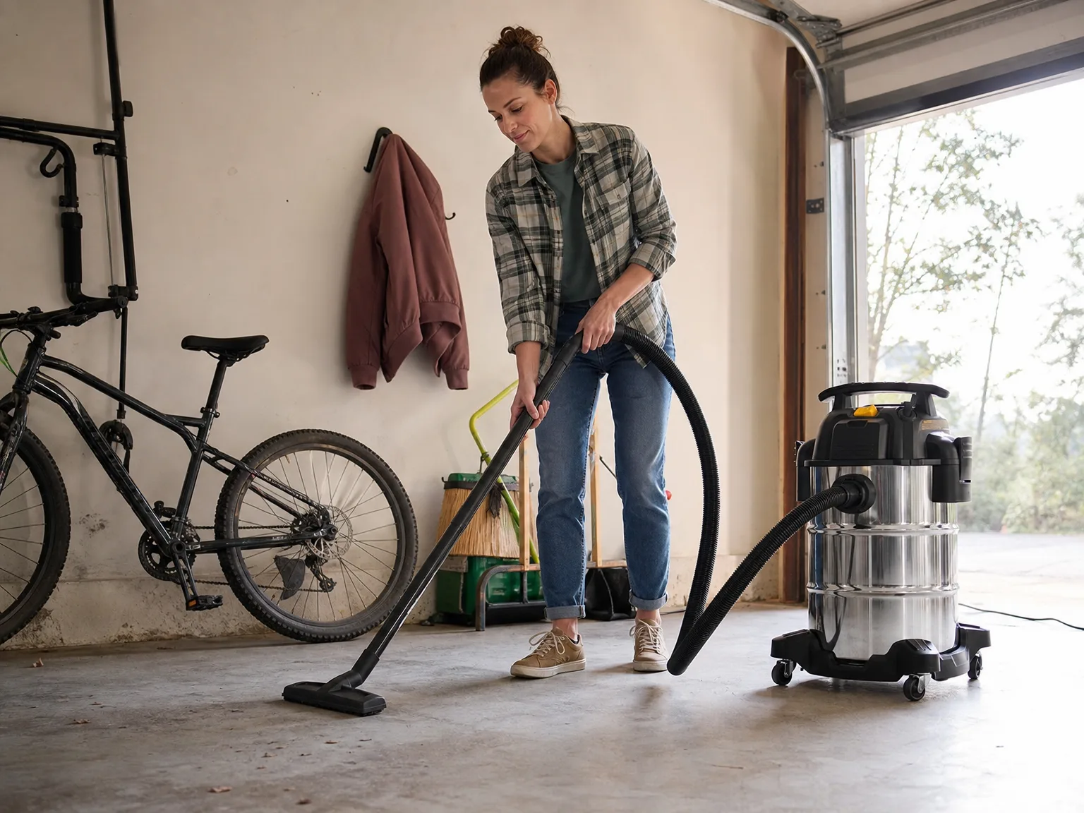Woman in casual clothes steering a stainless wet-dry shop vacuum hose across a concrete garage floor in daylight