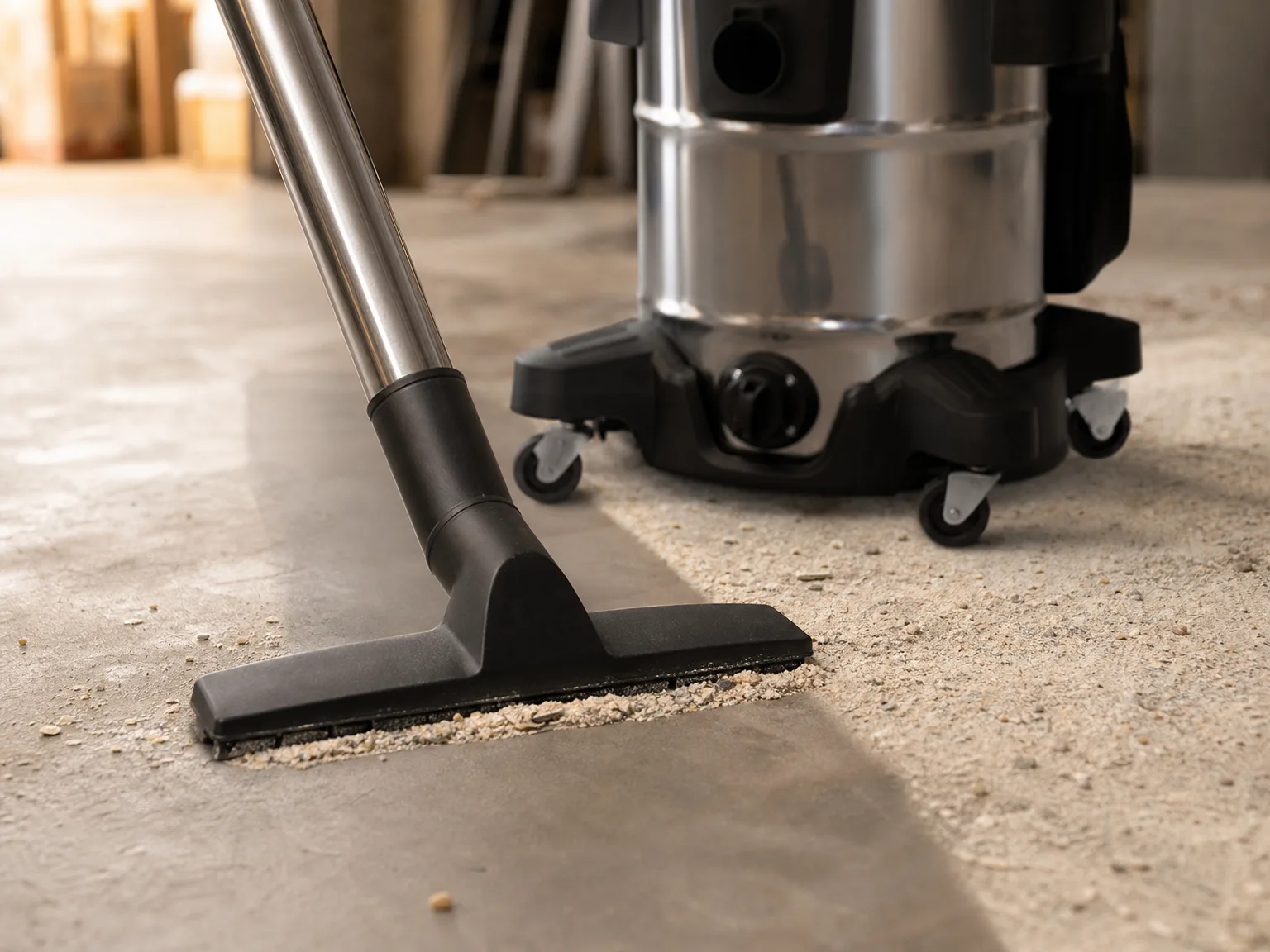 Close-up of a shop vacuum wand lifting sawdust and grit from a concrete garage floor in warm morning light