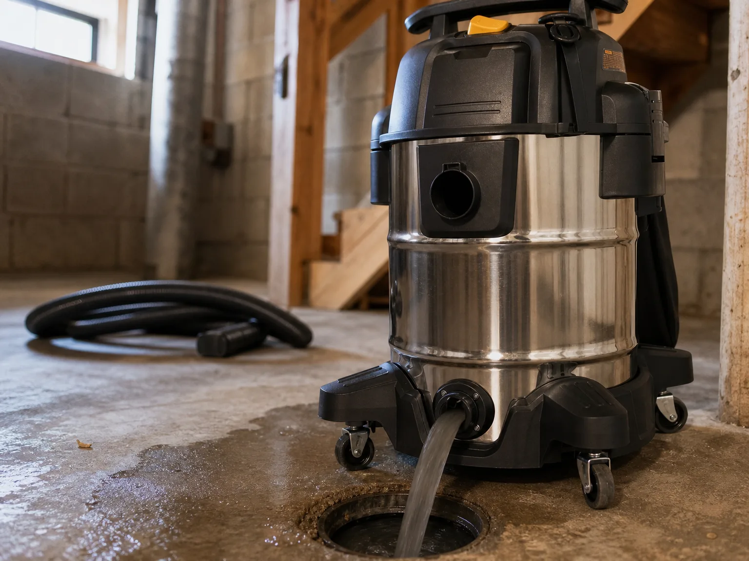 Close-up of dirty water draining from a stainless steel shop vacuum tank through its built-in drain port over a basement floor drain