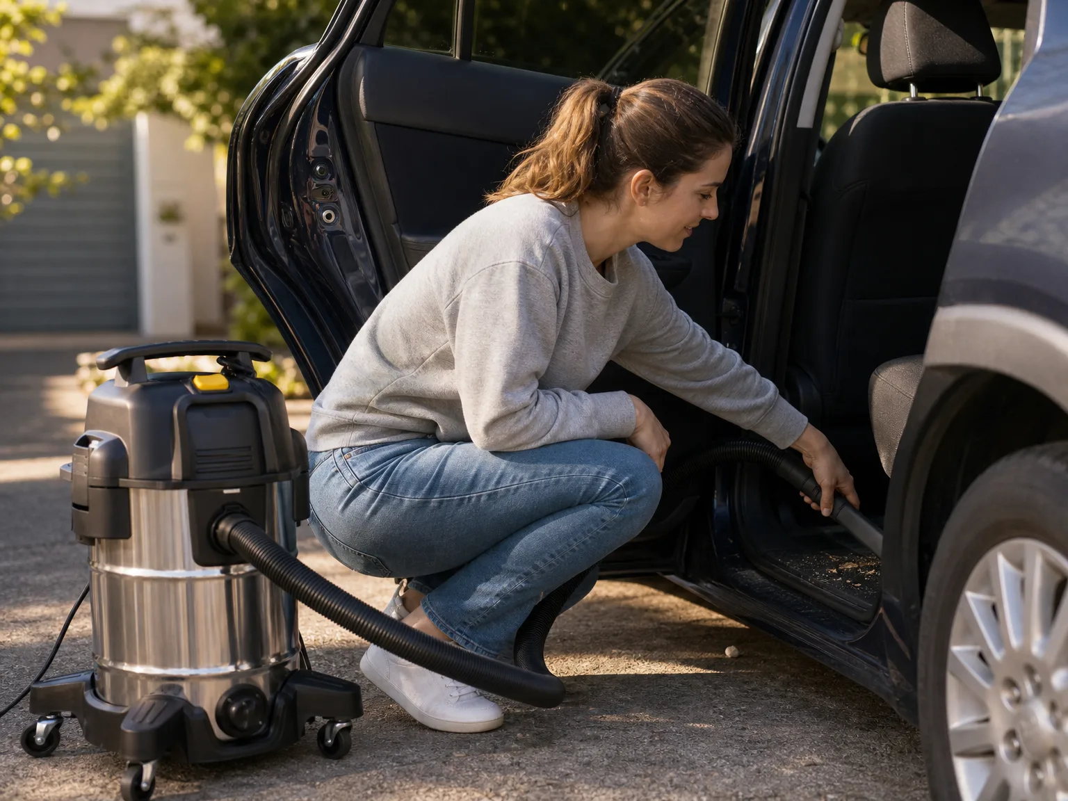 Woman in her thirties crouching beside an open car door in a driveway, vacuuming sand out of the footwell with a shop vacuum hose