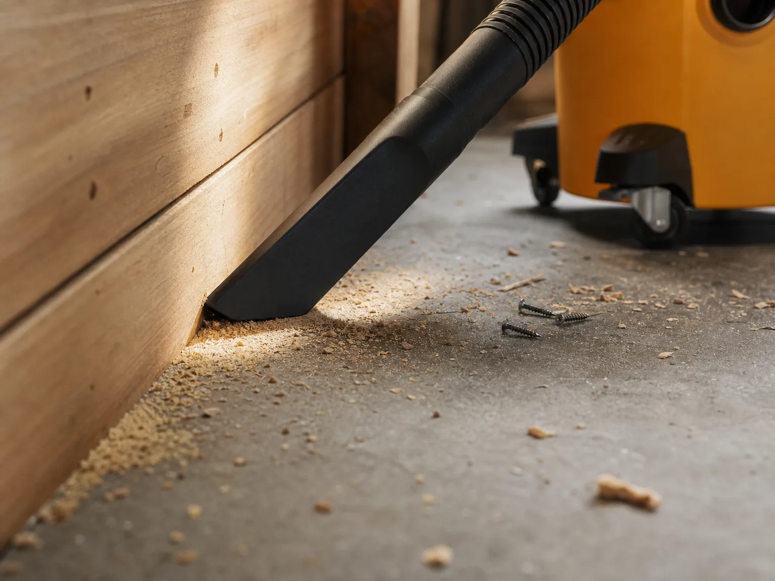 Close-up of a shop vacuum crevice tool lifting fine sawdust from the seam between a concrete garage floor and a wooden baseboard