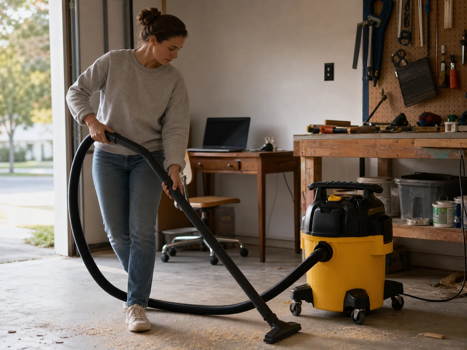 Woman in casual clothes guiding a wet/dry shop vacuum hose across a concrete garage floor beside a desk and workbench in morning light
