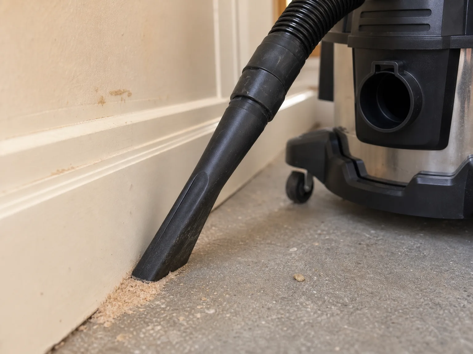 Close-up of a shop vacuum crevice tool lifting fine sawdust from the gap between a concrete garage floor and a baseboard