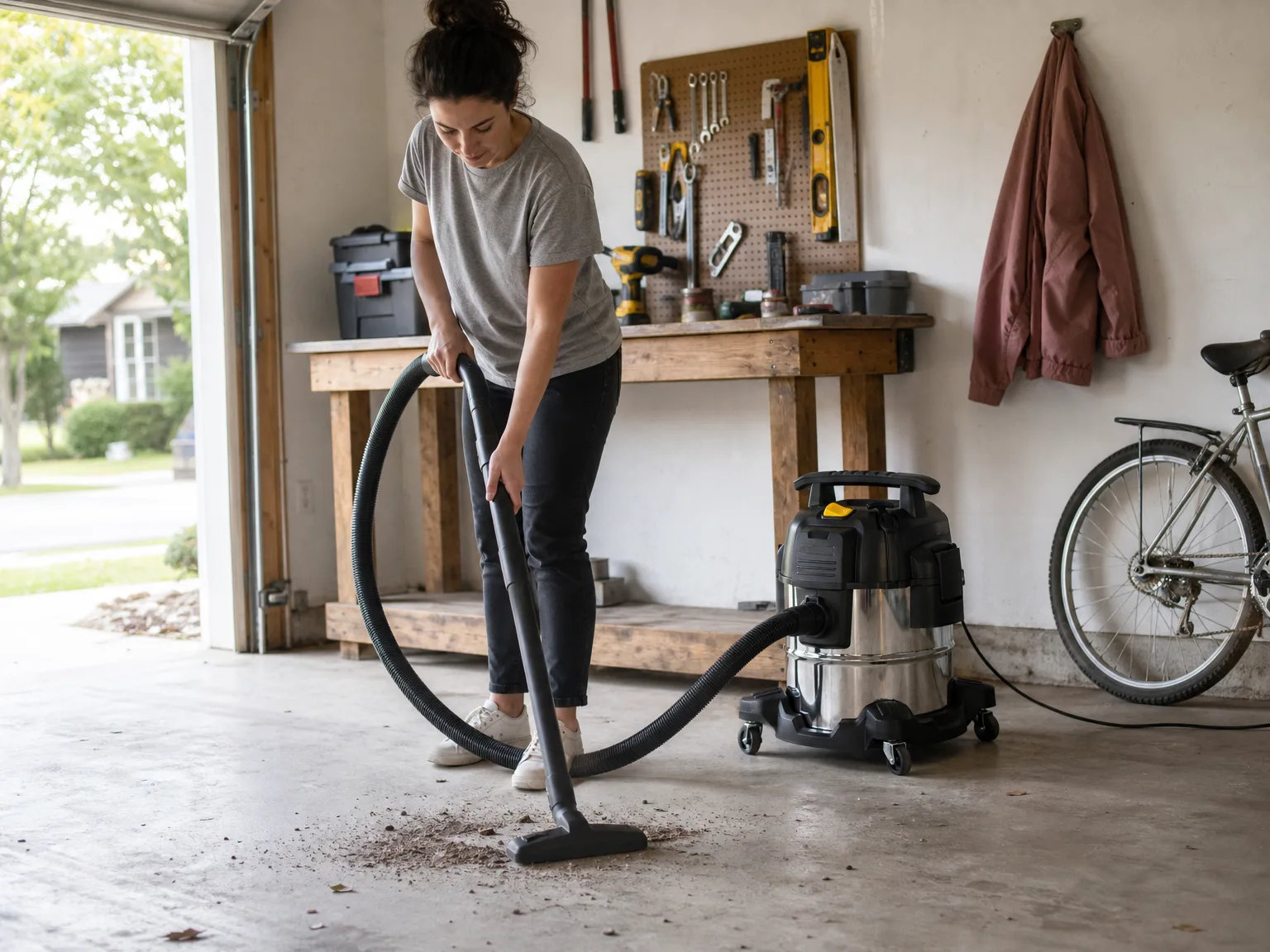 Woman in casual clothes guiding a wet/dry shop vacuum hose across a concrete garage floor beside a workbench in morning light