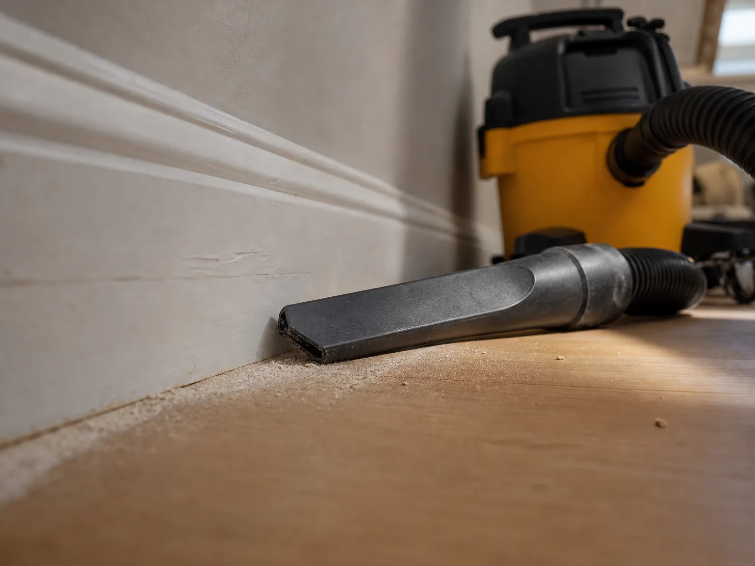 Close-up of a shop vacuum crevice tool pulling fine pale drywall dust out of the gap between a baseboard and a wood floor
