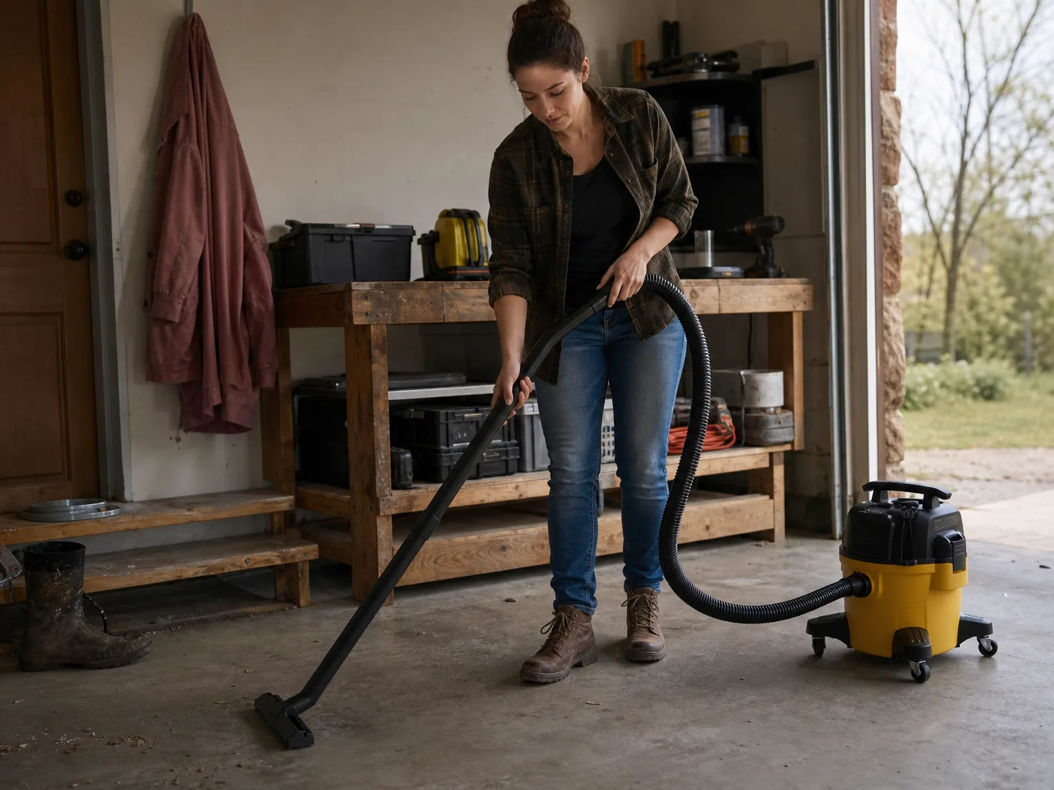 Woman in casual clothes guiding a wet-dry shop vacuum hose across a concrete garage floor beside a workbench in daylight