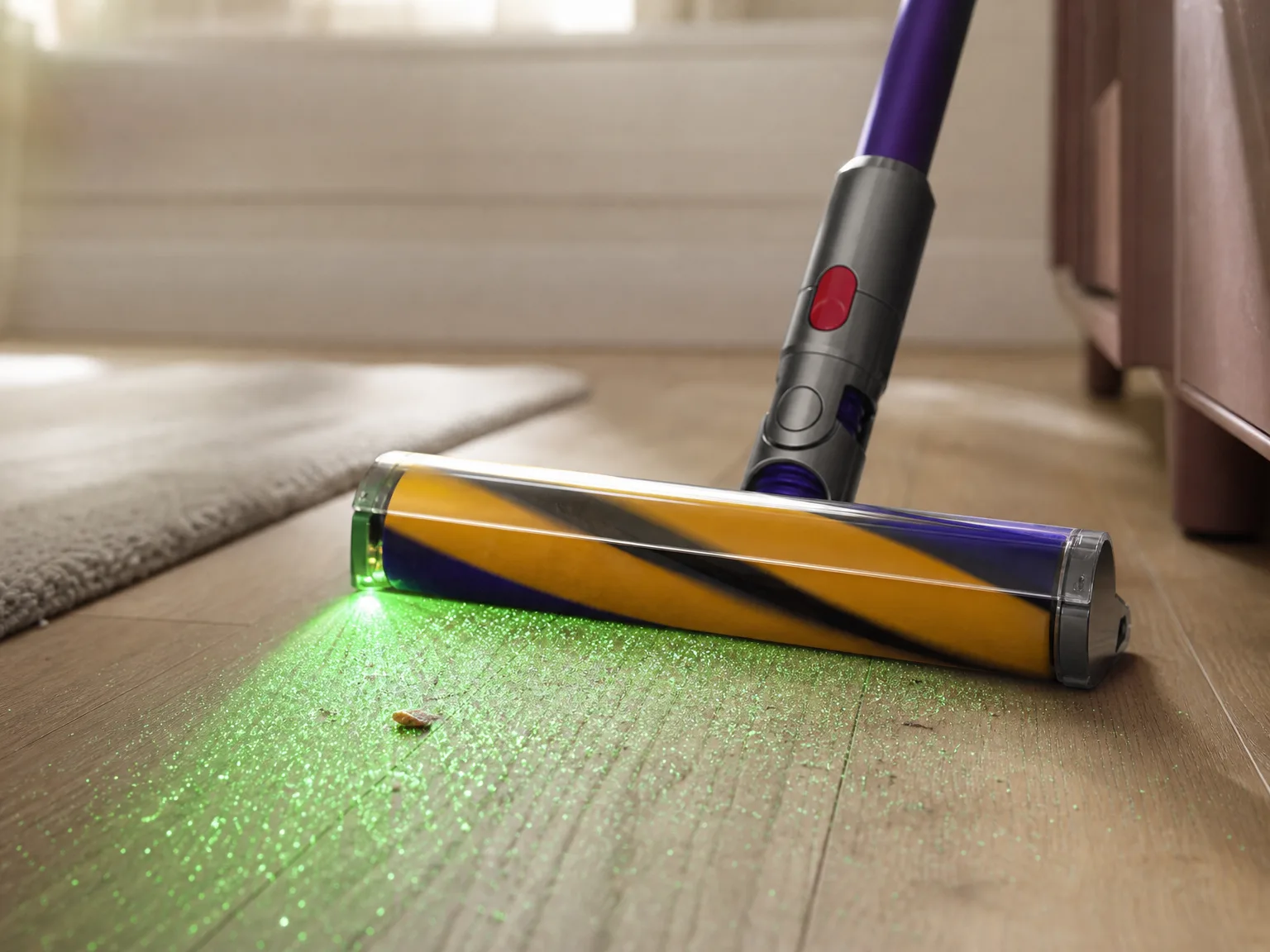 Close-up of a vacuum brush head with green laser illuminating fine dust on a hardwood floor