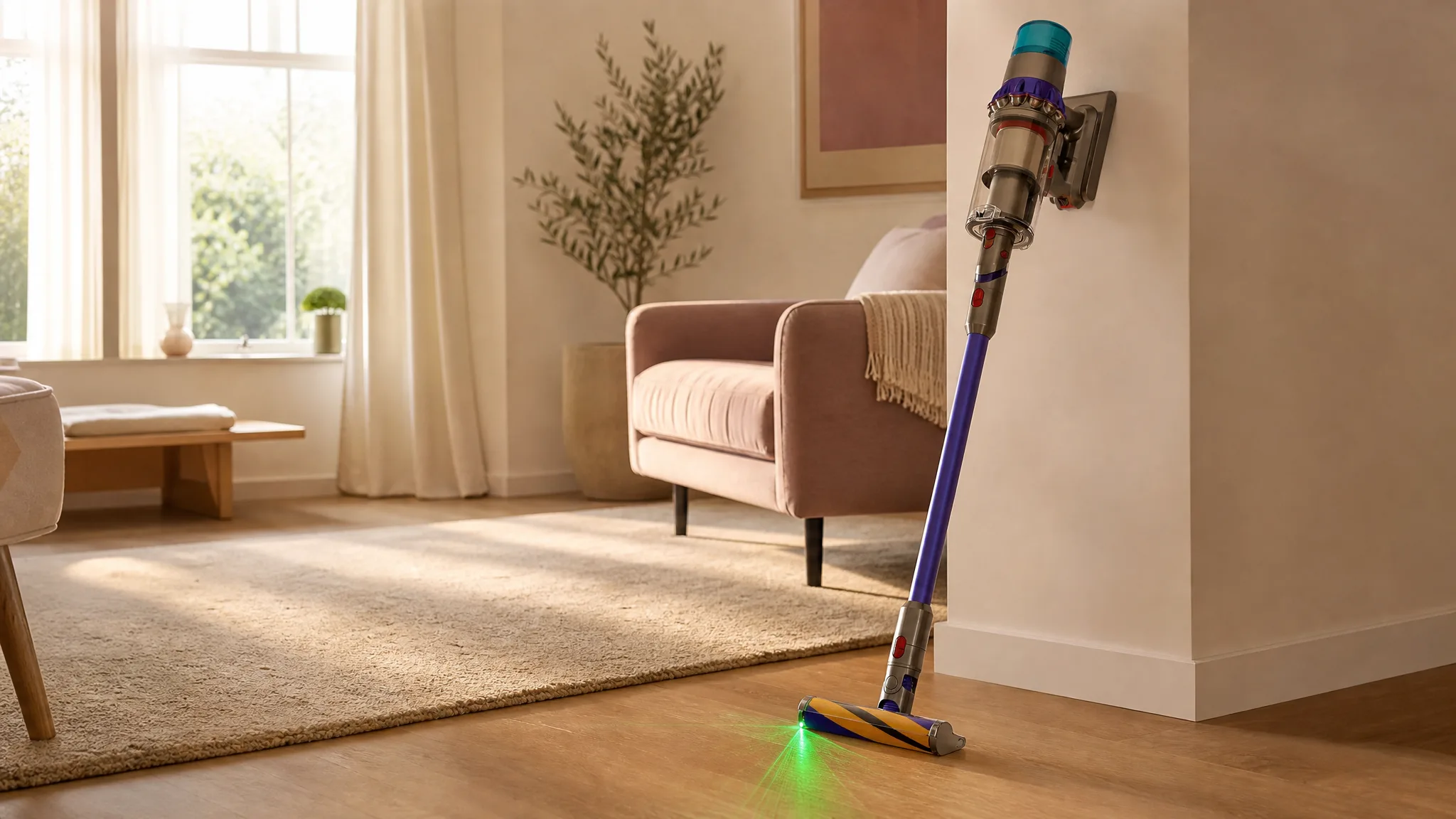 Dyson Gen5detect standing upright in a sunlit modern living room with warm wood floors and a cream area rug