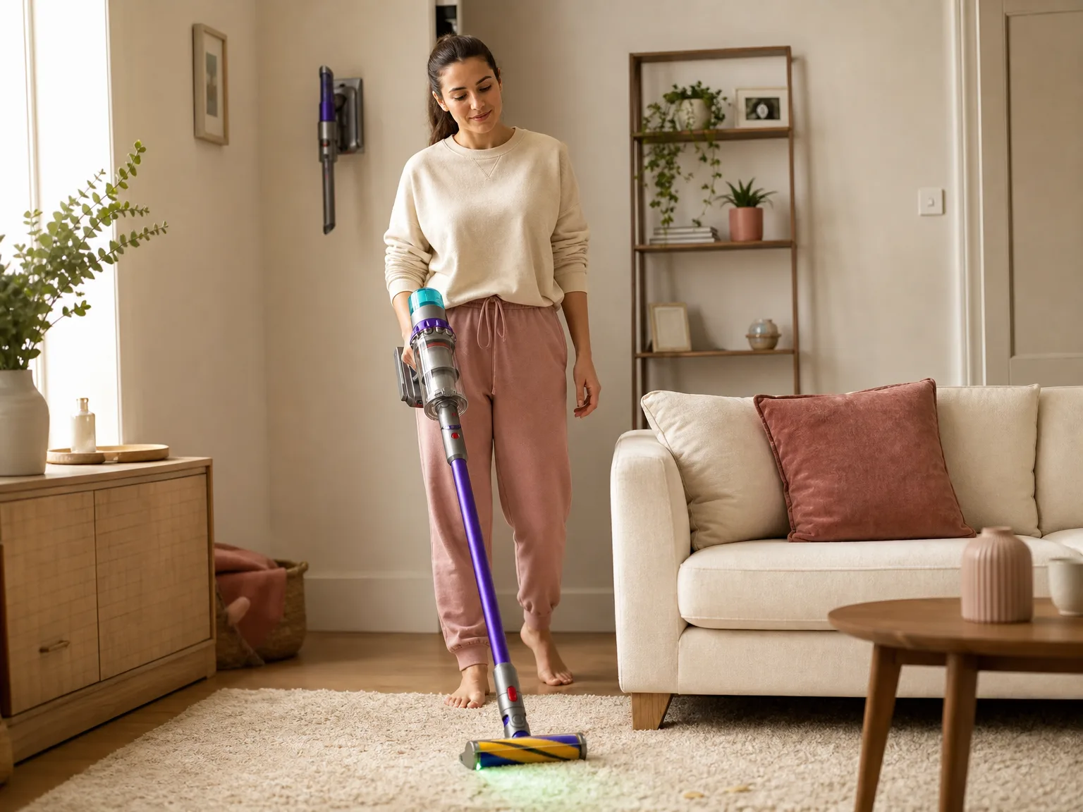 A woman vacuuming a medium-pile rug in a bright living room, natural window light, candid mid-action shot