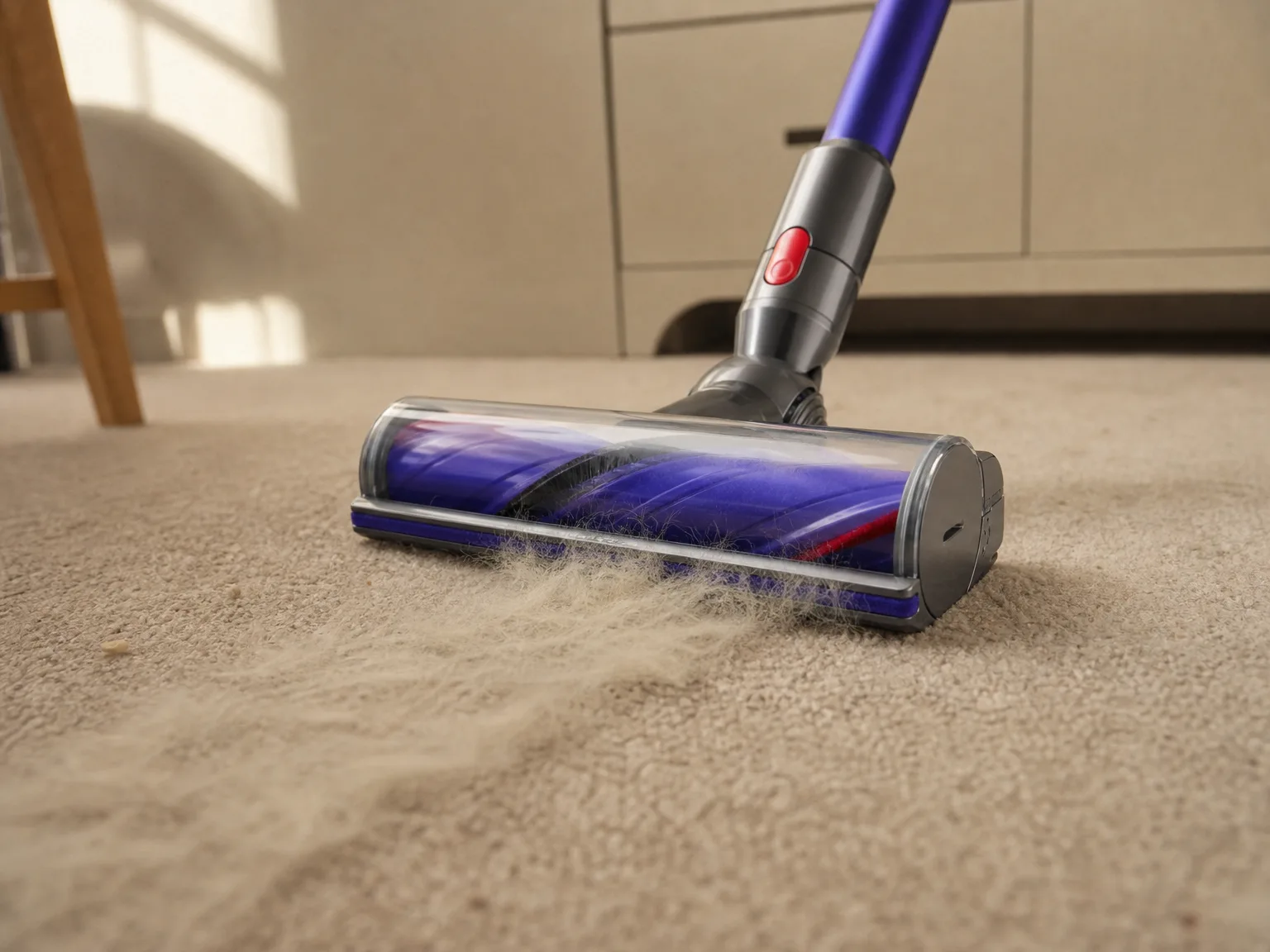 Close-up of a cordless vacuum's motorized brush head lifting a thick line of pale pet hair out of a low-pile beige rug