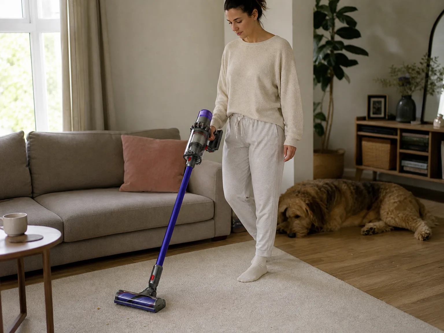 Woman in her early thirties vacuuming a low-pile living room rug with a cordless stick vacuum while a large dog rests on the floor nearby in warm morning light