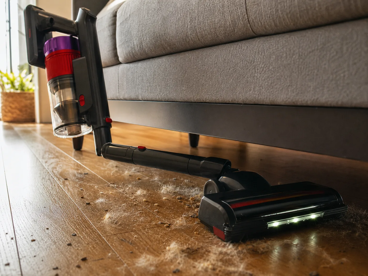 Close-up of a foldable cordless stick vacuum bent at its hinge to slide flat under a low sofa on warm cream hardwood