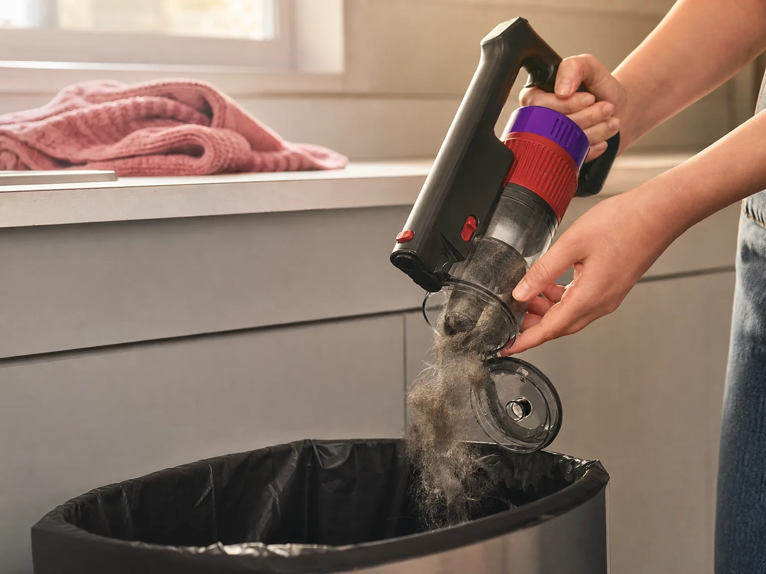 Hands emptying a small translucent cordless vacuum dust cup packed with gray pet hair over a kitchen bin in warm window light