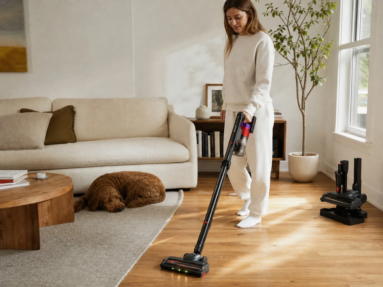 Woman in her thirties running a lightweight foldable cordless vacuum across sunlit hardwood beside a cream sofa and a low-pile area rug
